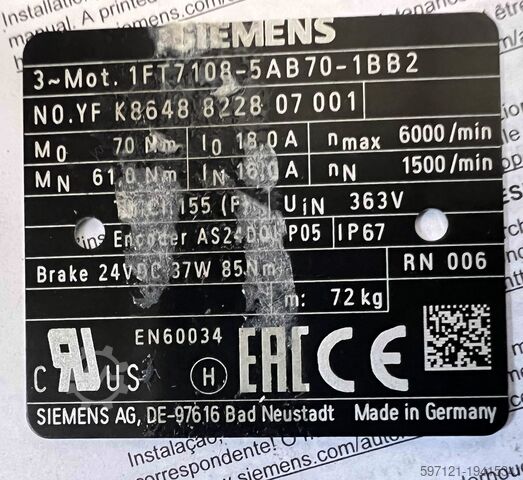 Синхронный двигатель Siemens 1FT7108-5AB70-1BB2