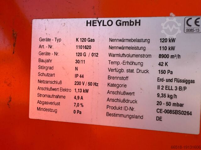 Отопление зала, отопление палатки, газ/масло Heylo GmbH K120 Gas