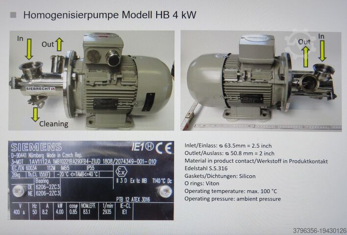 Гомогенизаторный насос 4 кВт, inline SIEBRECHT KUNSTSTOFFVERARBEITUNG GMBH HB 4 kW, Inline Homogenisierpumpe