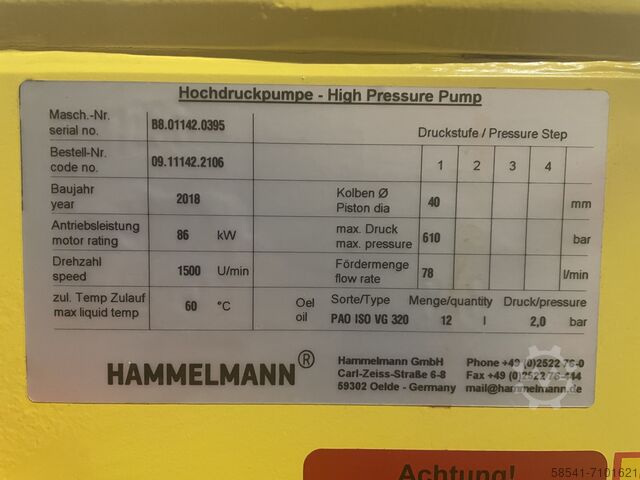 Насосный агрегат высокого давления 610 бар 78 л/мин Hammelmann HDP 142
