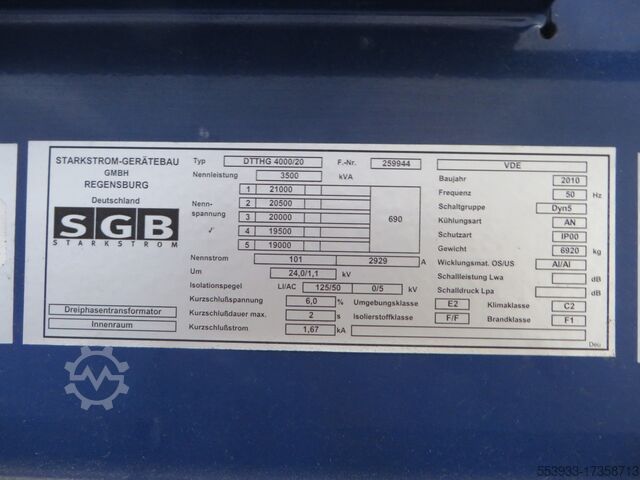 Трансформатор SGB 3500 kVA Gießharz 20/0,69 DTTHG 4000/20, 2010
