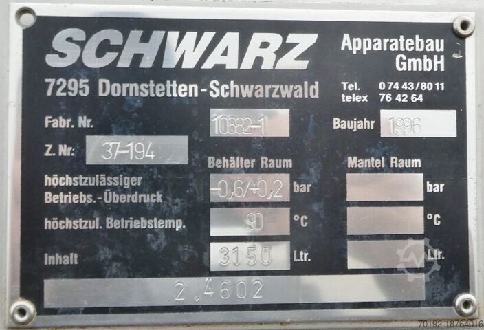 Резервуар объемом 3150 литров, изготовленный из специальной нержавеющей стали (Hastelloy)  